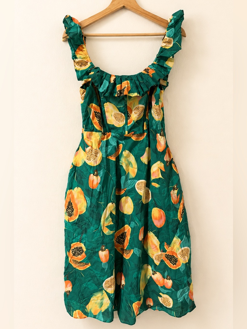 FARM Rio Green Papaya Salad Ruffle Midi Dress Size L Tropical Cotton Pockets